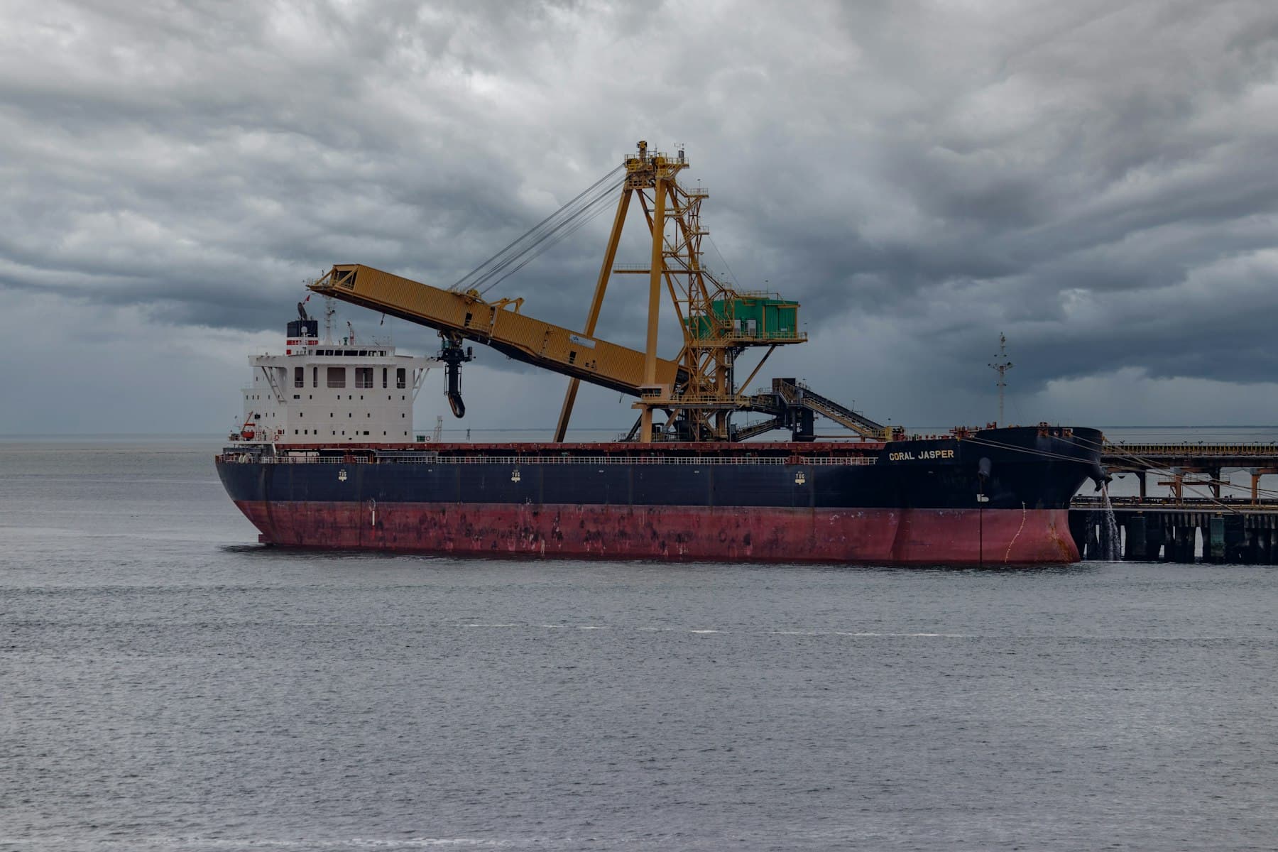 A bulk carrier lying alongside a berth.