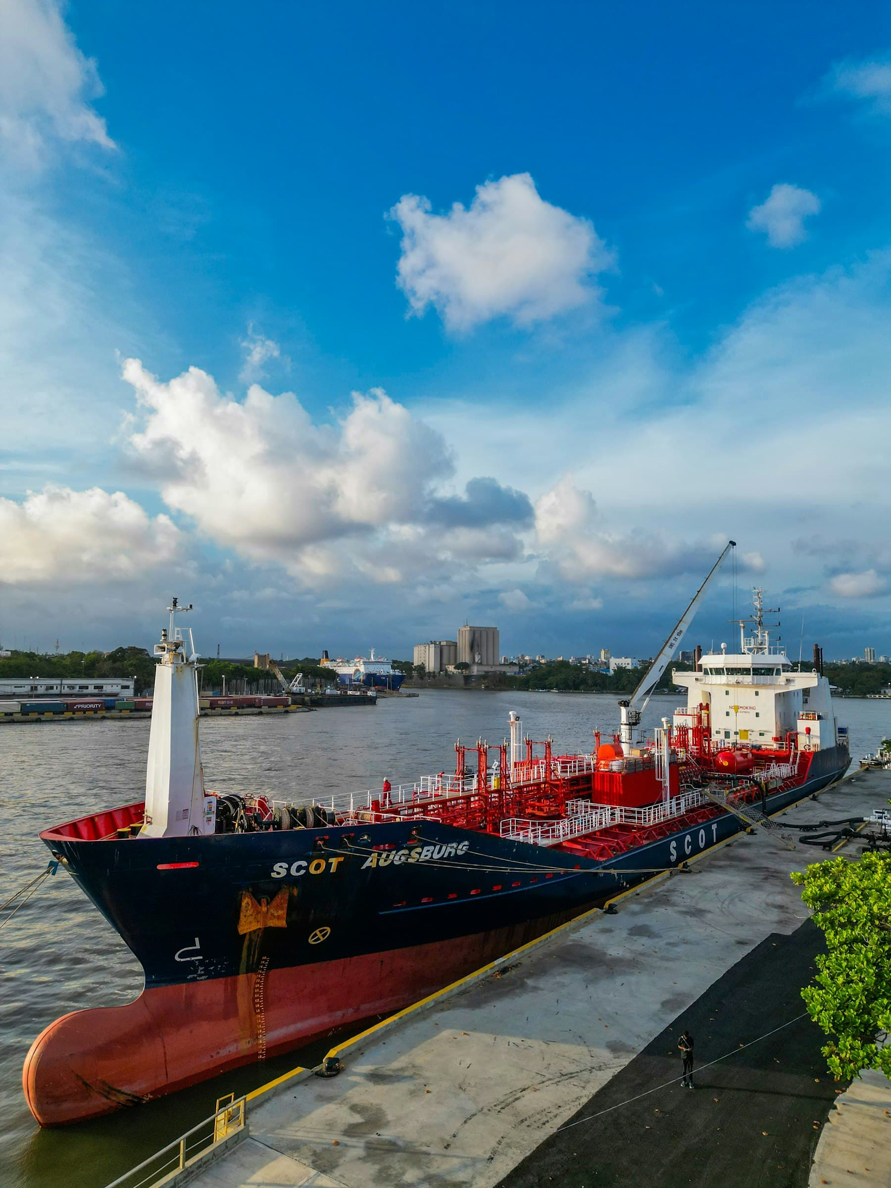 A tanker moored alongside a quay.